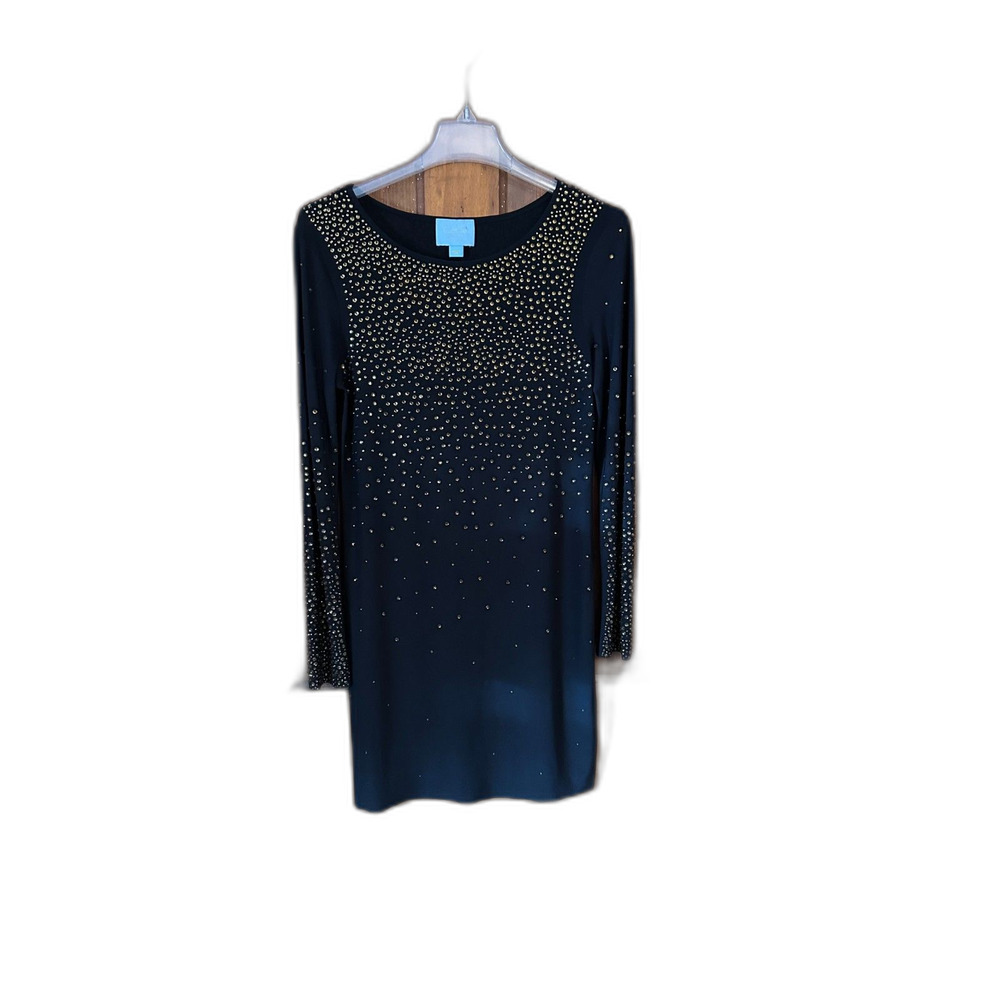 CeCe by Cynthia Steffe Black Dress with Amber/Gold Beads Raw Hem